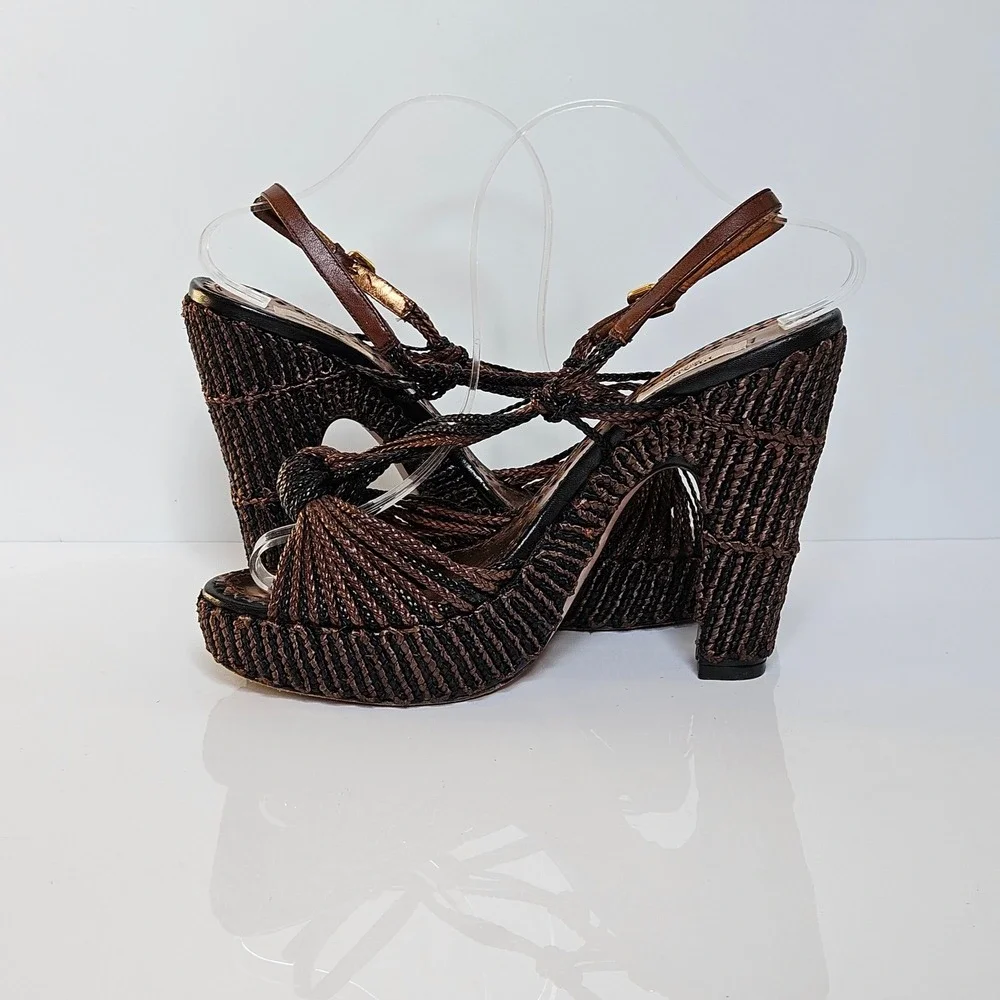 Prada Woven Bronze Metallic Platform Sandals Block Heel Knotted Raffia 40.5 IT